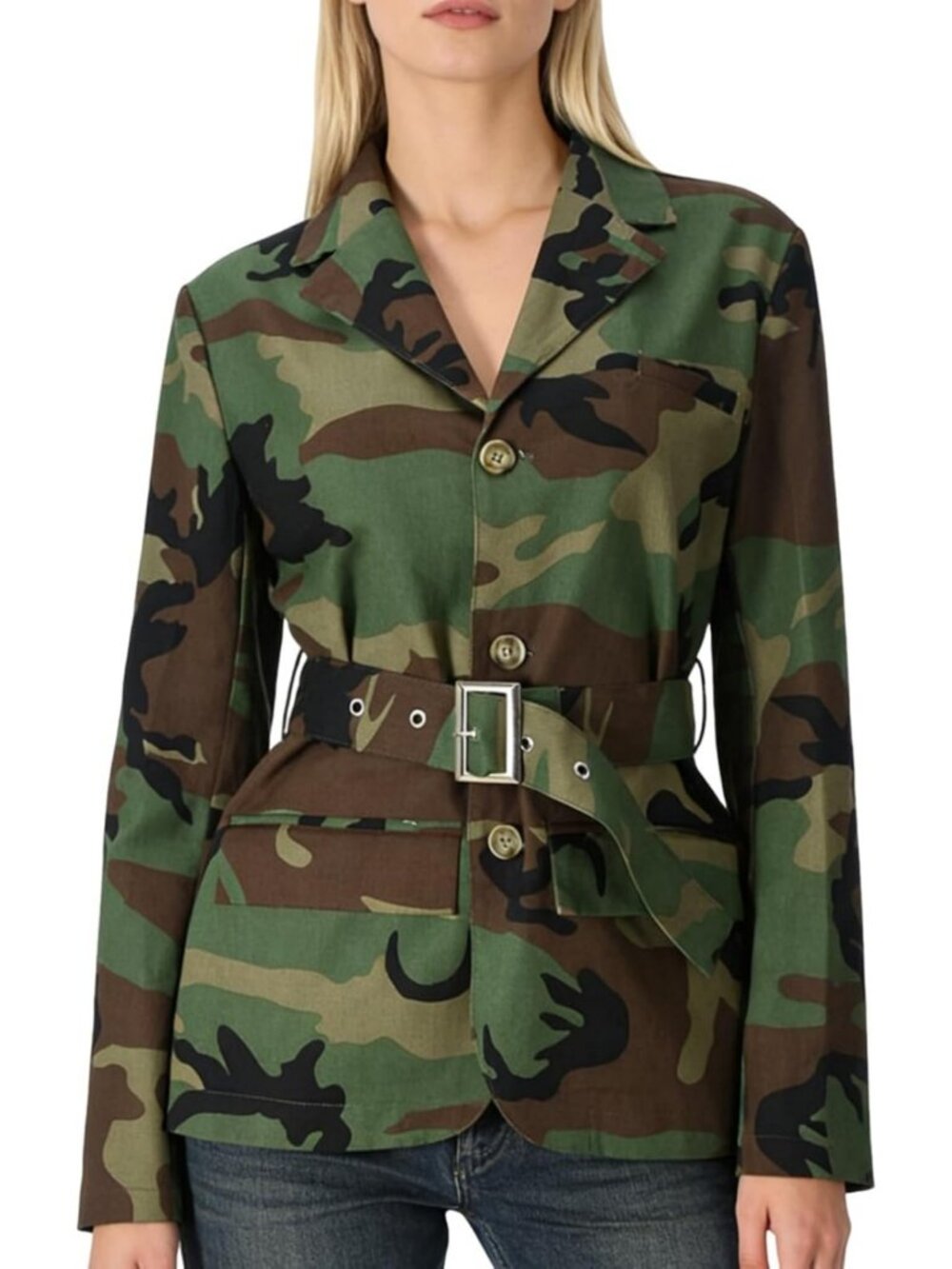 Oversized Camo Jean Blazer Jacket for Women | Stylish Lapel Camouflage Coat